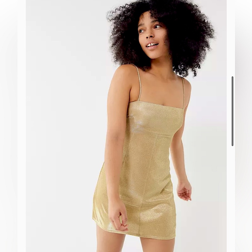 NWT - URBAN OUTFITTERS - Gold Sparkly Moon Beam Empire Waist Mini Dress (Medium)